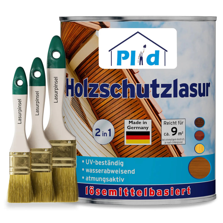 Eine große Dose plid Holzschutzlasur - Pinselset für Holz im Außenbereich steht neben drei Pinseln. Das Etikett ist mit UV-Schutz und wasserabweisenden Eigenschaften versehen und erklärt stolz, dass es Made in Germany ist.