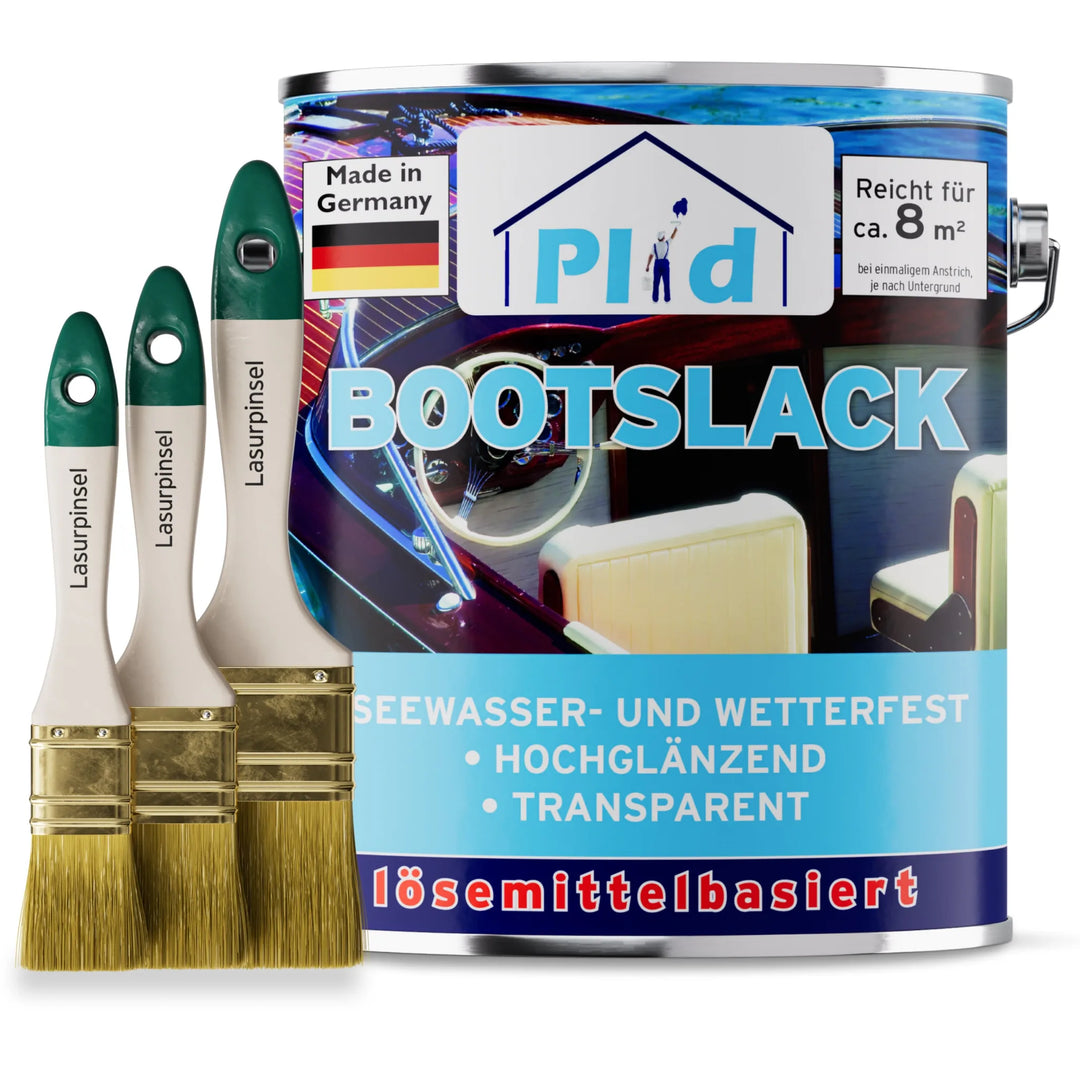 Eine Dose plid Bootslack - Anstreichset mit drei Pinseln auf der Vorderseite. Auf dem Etikett sind blaues Wasser, deutsche Produktangaben und ein Made in Germany Schriftzug zu sehen. Der hochglänzende Lack ist witterungsbeständig und ideal für Boote.