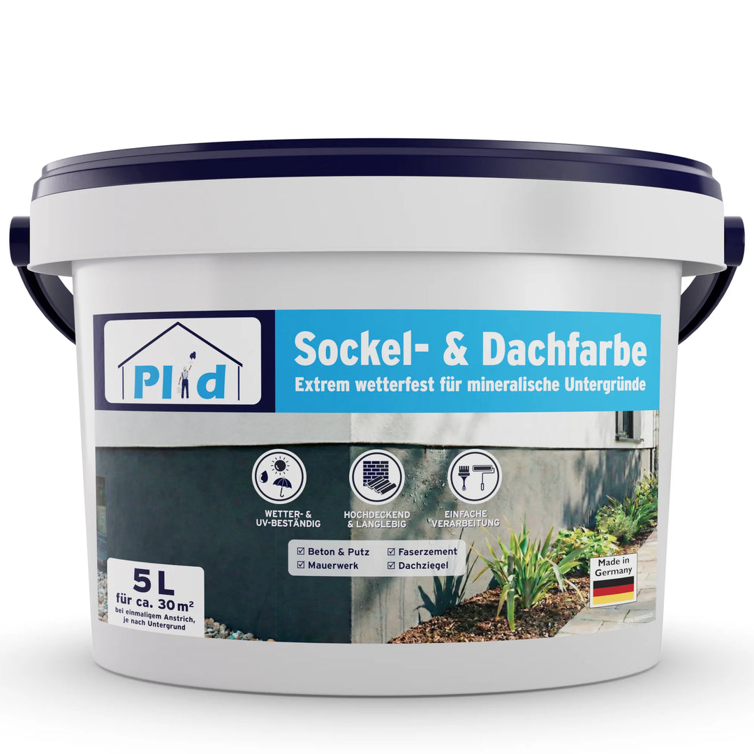 Ein weißer 5L PLID Shop "Sockel- &amp; Dachfarbe außen - wetterfest &amp; hochdeckend" Farbeimer für den Außenbereich hat blaue und weiße Schrift, einen blauen Deckel und Griff, Hausbilder und ist mit "Made in Germany" gekennzeichnet. Bietet dauerhaften Wetterschutz.