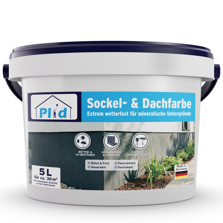 Ein weißer 5L PLID Shop "Sockel- &amp; Dachfarbe außen - wetterfest &amp; hochdeckend" Farbeimer für den Außenbereich hat blaue und weiße Schrift, einen blauen Deckel und Griff, Hausbilder und ist mit "Made in Germany" gekennzeichnet. Bietet dauerhaften Wetterschutz.