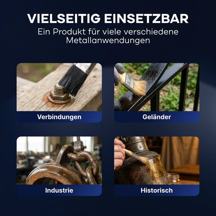 Vier beschriftete Bilder zeigen eine Metallbürste, die für Fugen, Geländer, Maschinen und Antiquitäten verwendet wird. Sie veranschaulichen die vielseitige Verwendung von PLID Shop Rostschutz Öl Penetrox Rostversiegelung zum Schutz von Metall. Der gesamte Text ist auf Deutsch.