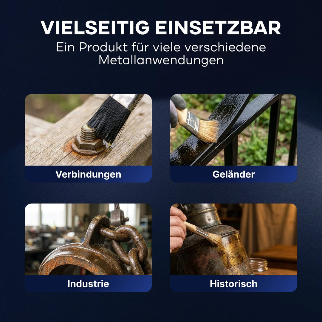 Eine deutsche Grafik zeigt vier Bilder eines Pinsels, der PLID Shop Rostschutz Öl Penetrox Rostversiegelung auf Metall in Fugen, Geländern, Industrie und Oldtimern aufträgt und damit den vielseitigen Schutz für Metall &amp; Stahl von Auto Motorrad Oldtimer unterstreicht.