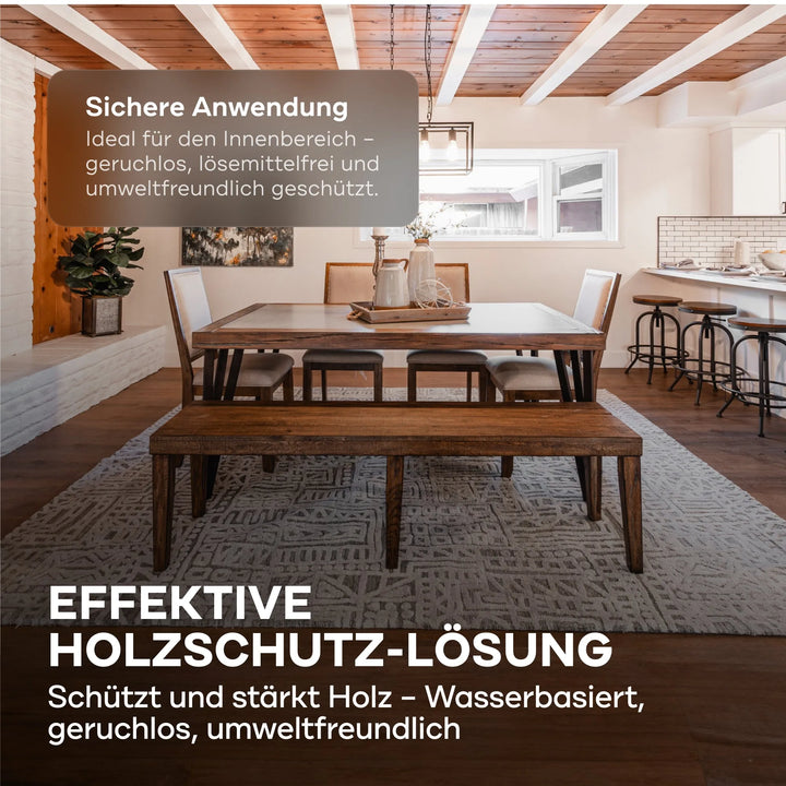 Modernes Esszimmer mit Holztisch, Stühlen, großen Fenstern und freiliegenden Balken - Text wirbt für plid Plid Holzwurm Schreck: eine wirksame, umweltfreundliche, geruchlose Lösung auf Wasserbasis zur Bekämpfung und Vorbeugung von Holzwurm in Innenräumen.