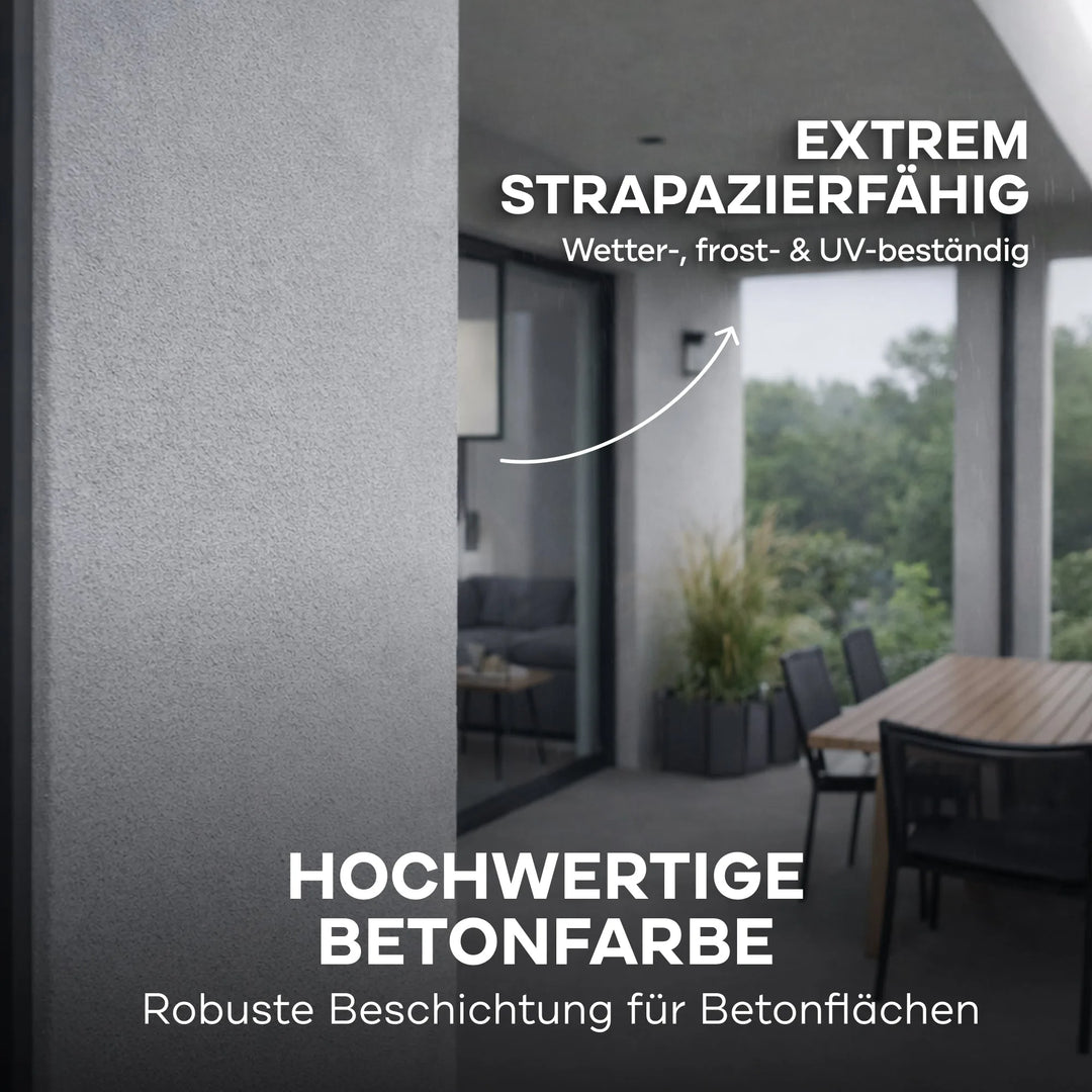 Moderner Patio mit Glasfront und Beton. Auf Deutsch: "Plid Betonfarbe für Böden &amp; Wände von plid - abriebfest, witterungs-, frost- und UV-beständig. Hochwertige, robuste Bodenbeschichtung.