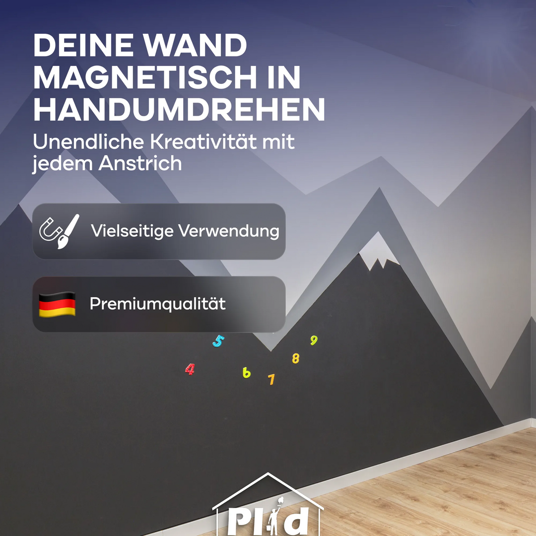 Auf einer dunkelgrauen Wand mit Bergmotiv sind bunte magnetische Zahlen abgebildet. Ein deutscher Text wirbt für das Magnetfarbe - Anstreichset von plid zur Gestaltung einer magnethaftenden Fläche und verweist mit einem Deutschlandfahnen-Symbol auf die vielseitige Verwendbarkeit und hochwertige Qualität.