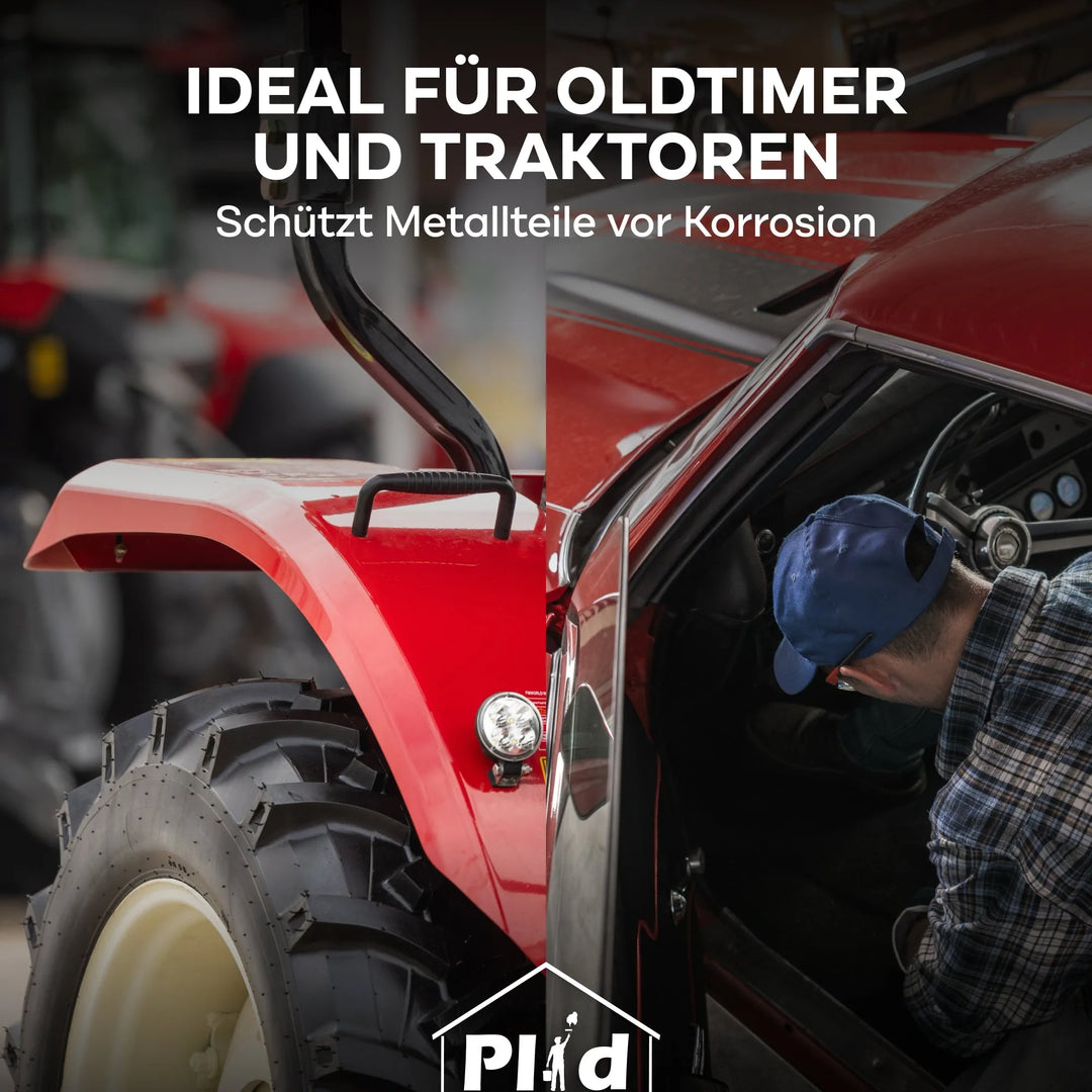 Ein Mann mit einer Mütze untersucht das Innere eines roten Oldtimers neben einer Nahaufnahme eines roten Traktorreifens. Der deutsche Text wirbt für die Rostschutz Öl Penetrox Rostversiegelung von PLID Shop, die das Metall von Oldtimern und Motorrädern vor Rost schützt.
