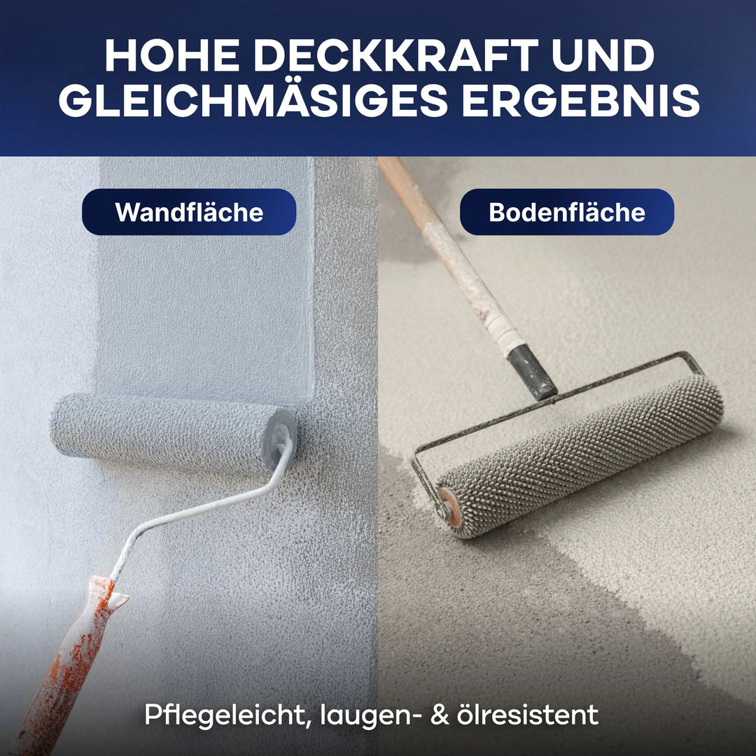 Zwei Bilder nebeneinander: Links wird Plid Betonfarbe für Böden &amp; Wände von plid auf die Wand gerollt, rechts wird sie mit einem Struktroller auf den Boden aufgetragen. Deutsche Texte heben hohe Deckkraft, gleichmäßiges Ergebnis, leichte Pflege und Widerstand hervor.