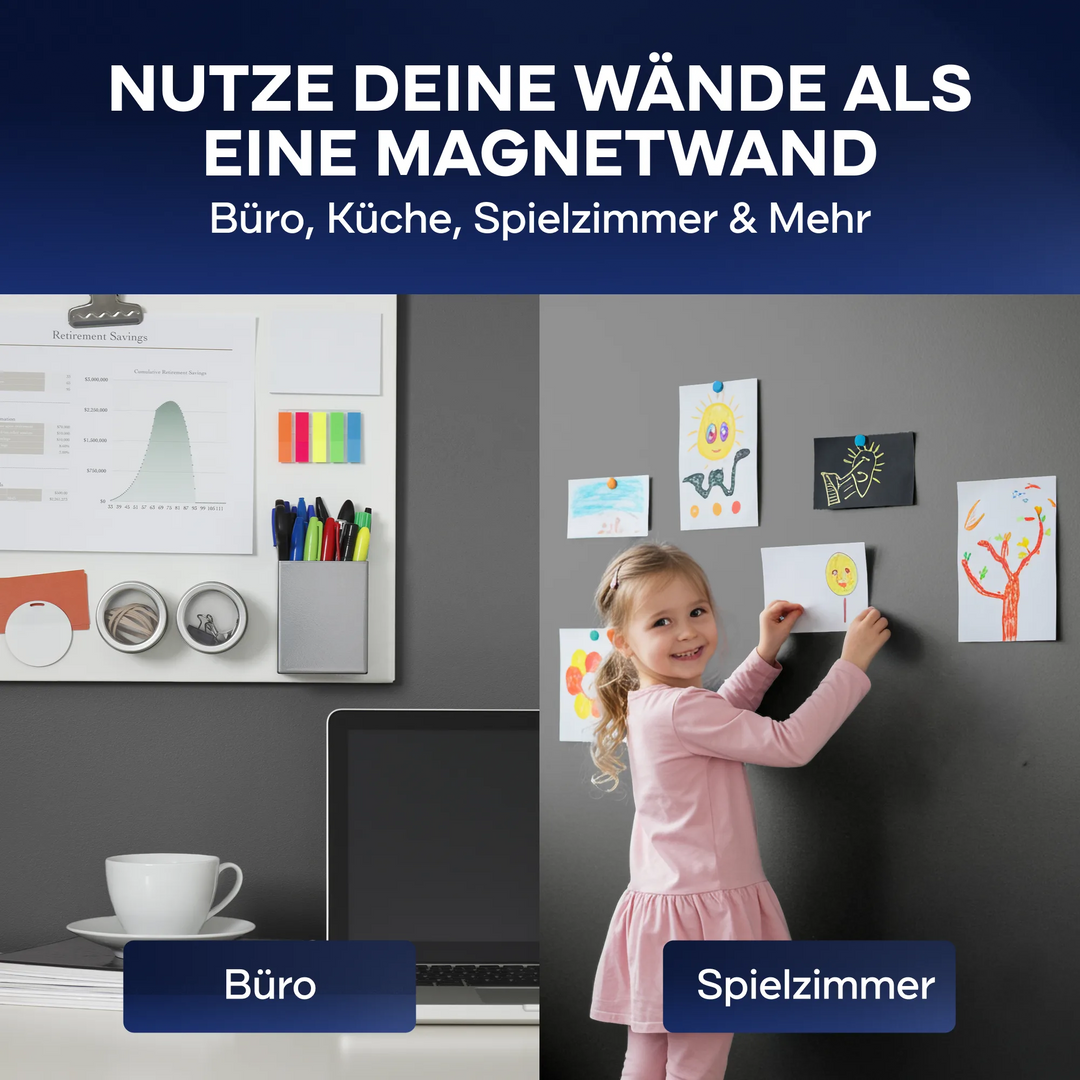 Ein geteiltes Bild zeigt eine Magnetwand mit Vorräten in einem Büro und ein Mädchen, das Zeichnungen an einer Tafel anbringt. Deutscher Text wirbt für plid Magnetfarbe - haftstark &amp; überstreichbar für viele Oberflächen, ideal für die Gestaltung praktischer Magnettafeln.