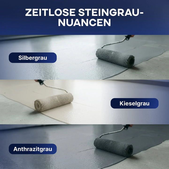 Drei Farbwalzen streichen mit plid Betonfarbe für Böden &amp; Wände: oben silbergrau, in der Mitte kieselgrau und unten anthrazitgrau. Oben steht der Text "Zeitlose Steingrau-Nuancen" vom Markenzeichen plid.