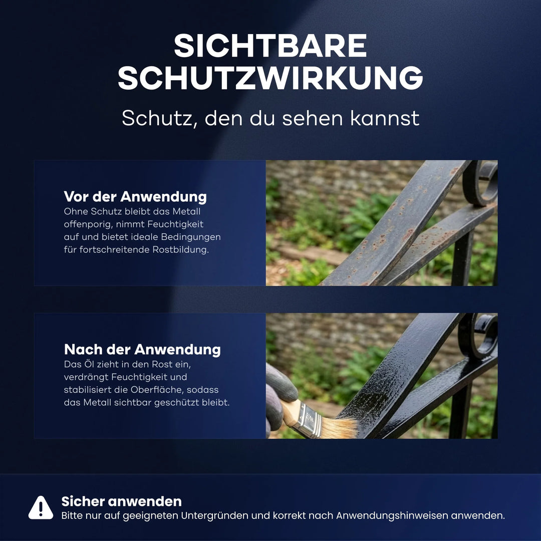 Infografik zeigt Vorher-Nachher-Effekt: Oben rostiges Metallgeländer, unten gleiche Stelle nach Anwendung von PLID Shop Rostschutz Öl Penetrox Rostversiegelung - sichtbar schützt Metall wirksam vor Korrosion.