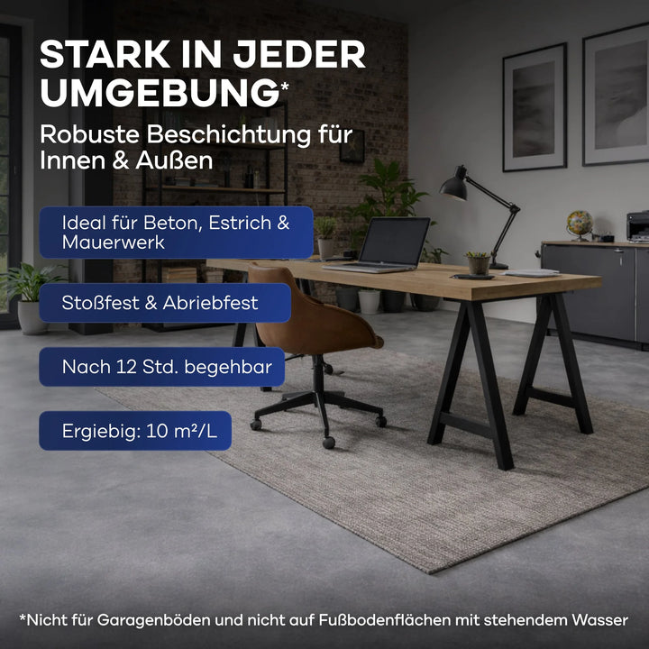 Ein modernes Büro mit einem Holzschreibtisch, einem schwarzen Stuhl, einer Lampe und einem Laptop auf einem grauen Teppich. Text-Highlights plid Plid Betonfarbe für Böden &amp; Wände - abriebfest &amp; wetterbeständig-ideal für Beton, Estrich &amp; Mauerwerk im Innen- und Außenbereich.