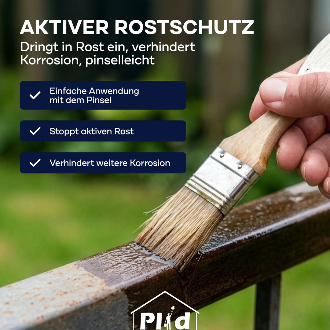 Eine Hand trägt mit einem Pinsel das PLID Shop Rostschutz Öl Penetrox Rostversiegelung auf ein rostiges Geländer auf - für einfache Anwendung, Stoppen von aktivem Rost und zuverlässigen Schutz von Metall &amp; Stahl vor Korrosion.