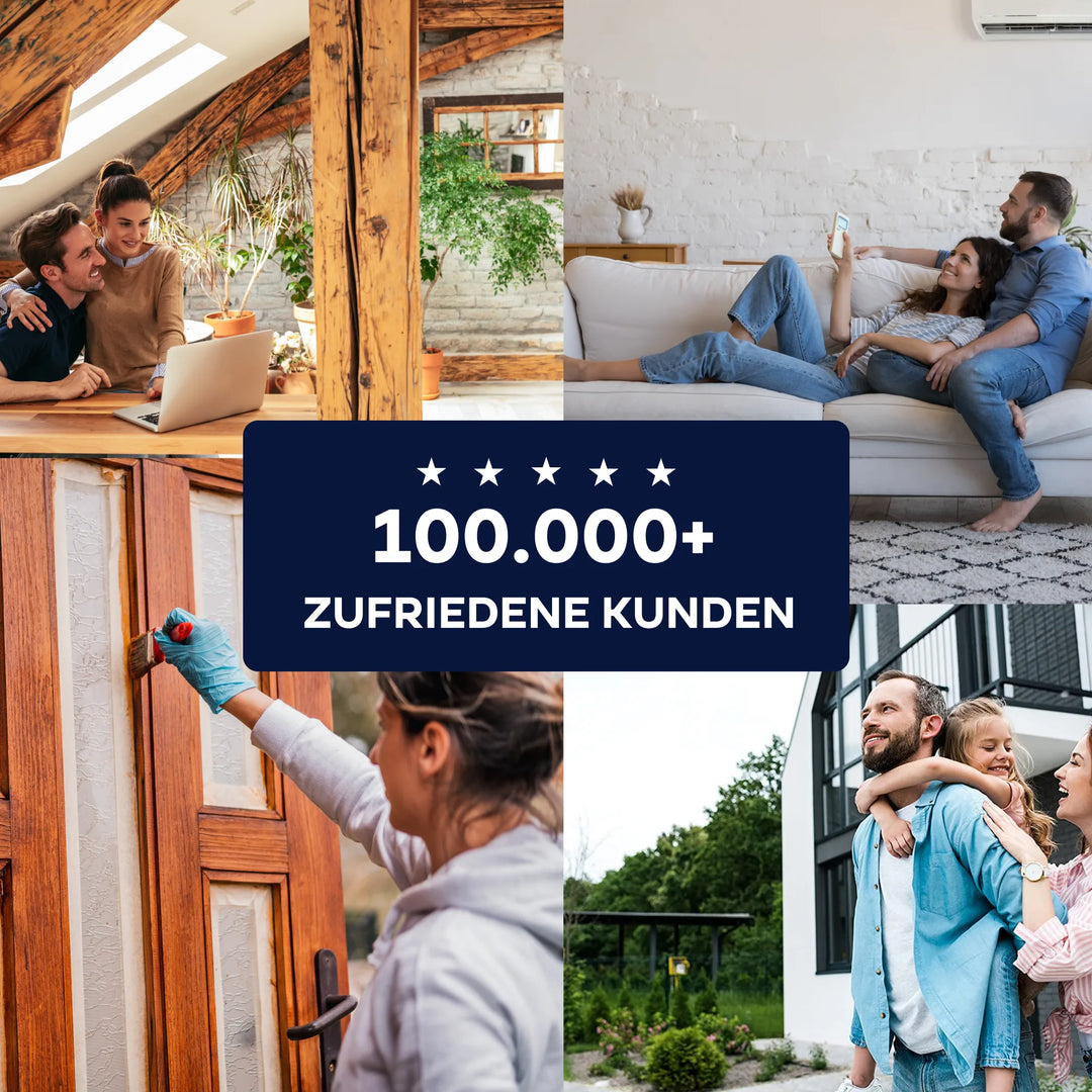 Eine Collage von glücklichen Menschen zu Hause: ein Paar mit einem Laptop, eine Familie auf der Couch, eine Frau, die plid Magnetfarbe - Anstreichset auf ihre Tür malt, und eine Familie im Freien. Text: 100.000+ zufriedene Kunden (100.000+ zufriedene Kunden).