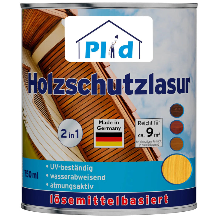 Eine 750 ml Dose plid Holzschutzlasur außen wetterfest &amp; atmungsaktiv mit deutscher Beschriftung. Lösemittelhaltig, UV-beständig, wasserabweisend und atmungsaktiv - ideal für den Holzschutz im Außenbereich. Deckt ca. 9 m² ab.