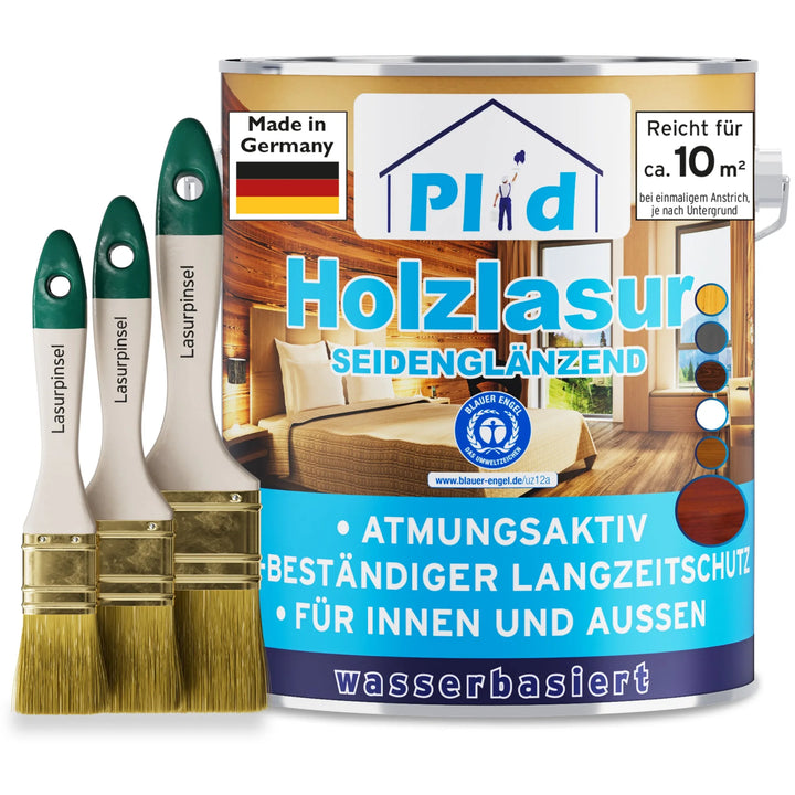 Eine Dose plid Holzlasur - Anstreichset Holzlasur mit drei Pinseln. Verfügt über Seidenglanz, Atmungsaktivität, wetterfesten Holzschutz, wasserbasierte Formel und ist für den Innen- und Außenbereich geeignet. Hergestellt in Deutschland.