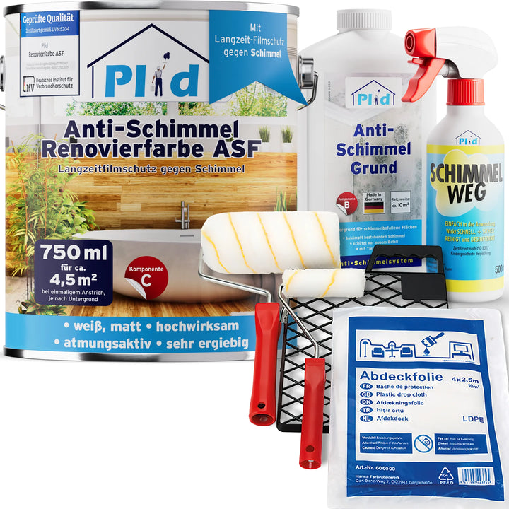 Set mit Plid Anti-Schimmel-Farbe, Grundierung, Sprühflasche, Rolle, Schale, Klebeband und Abdeckfolie