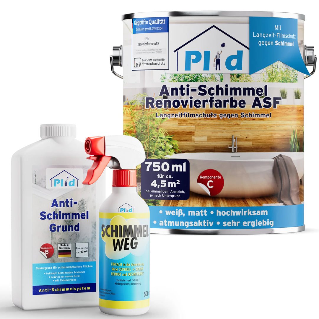 Drei Plid-Produkte: Eimer Anti-Schimmel-Farbe, Sprühflasche Anti-Schimmelspray und Flasche Anti-Schimmelgrund