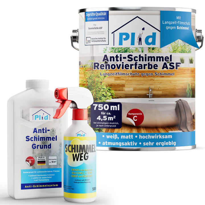 Drei Plid-Produkte: Eimer Anti-Schimmel-Farbe, Sprühflasche Anti-Schimmelspray und Flasche Anti-Schimmelgrund