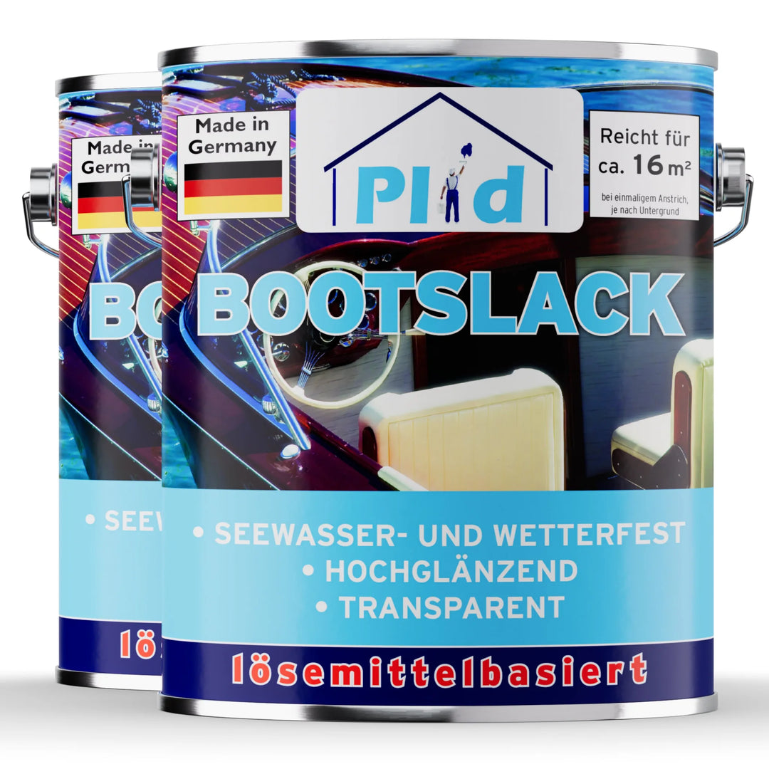 Zwei Dosen plid Plid Bootslack - wetterfest &amp; hochglänzend für Holz &amp; Außenbereich mit blauen Etiketten. Seewasser- und wetterfester, hochglänzender, lösemittelhaltiger Lack für 16 m². Hergestellt in Deutschland. Die Abbildung zeigt den Innenbereich eines Bootes, der mit diesem Qualitätslack beschichtet wurde.