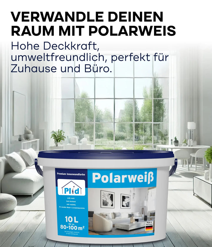 Ein Eimer plid Innenfarbe - Streichset wird in einem hellen, modernen Wohnzimmer gezeigt. Der Text hebt die hohe Deckkraft für Wände und Decken, die Umweltfreundlichkeit und die Eignung für Wohn- und Büroräume hervor.