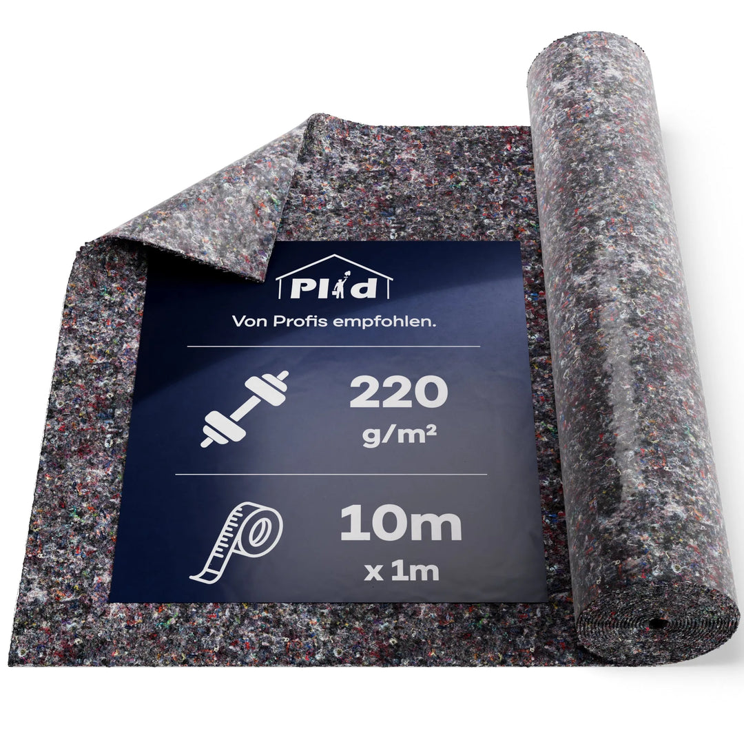 Das plid Abdeckvlies 220 g/m² - Malervlies schützt Böden zuverlässig bei Renovierung & Bau; Label zeigt Gewicht und Länge (10 m x 1 m), empfohlen von Profis als idealer Boden-Schutz.