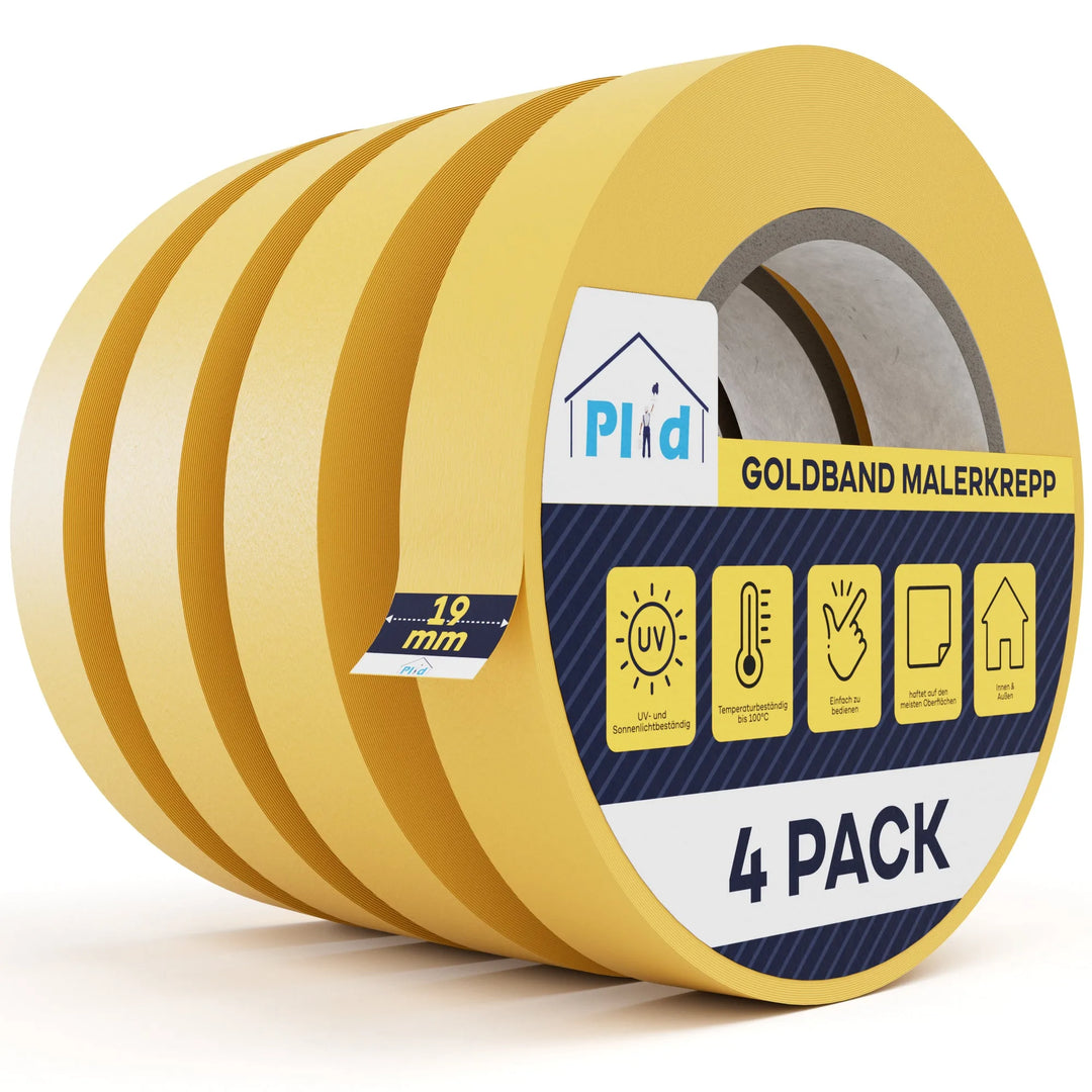 Vier Rollen Plid Goldband Malerkrepp aus dem PLID Shop sind in einer Reihe gestapelt. Das Etikett der vorderen Rolle hebt die hochwertigen Abklebeband-Eigenschaften, eine Breite von 19 mm und "Goldband Malerkrepp 4 Pack für exakte Farbkanten & saubere Linien" hervor.