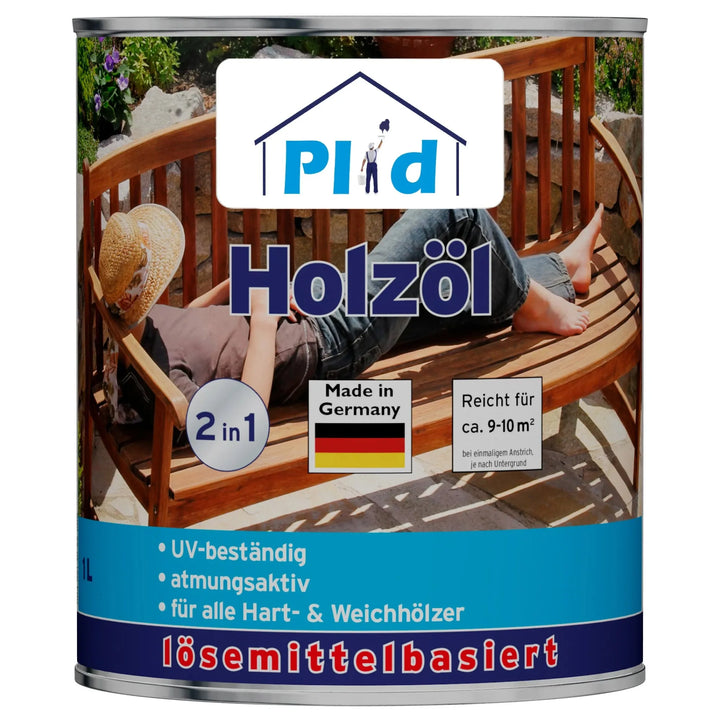 Eine Dose plid Holzöl natürlich &amp; pflegend für Holz innen &amp; außen, ideal für die Holz- und Gartenmöbelpflege, mit UV-Schutz, atmungsaktiv, geeignet für Hart-/Weichholz, Made in Germany. Auf dem Etikett ist eine Frau abgebildet, die sich im Freien entspannt.