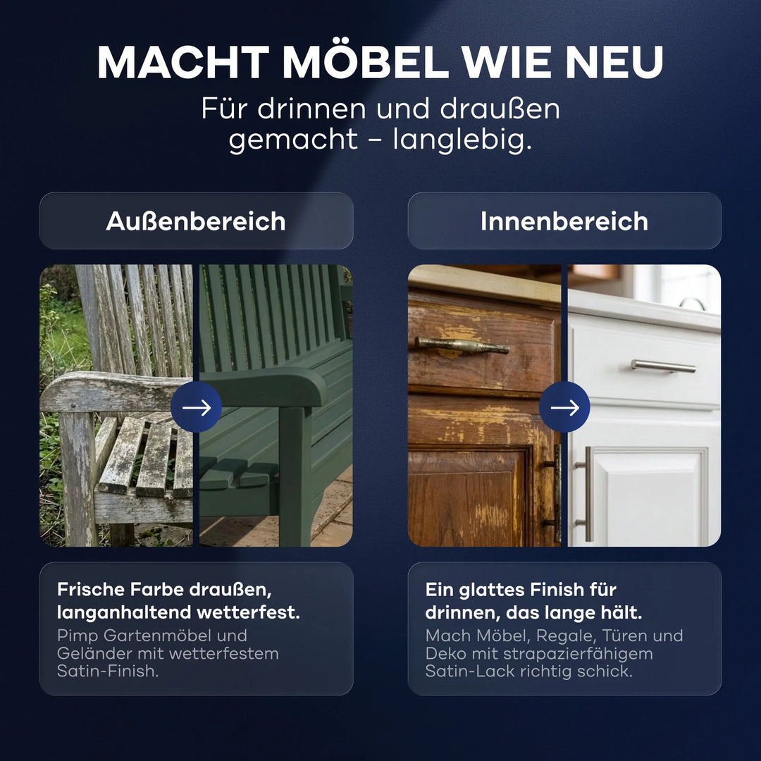 Das geteilte Bild zeigt eine grüne Sitzbank für den Außenbereich und einen weißen Schrank für den Innenbereich, beschriftet mit Außenbereich und Innenbereich, und hebt die aufgefrischte, dauerhafte Oberfläche hervor, die mit Plid® Möbellack Innen &amp; Außen von plid - Buntlack für Möbel &amp; Holz erzielt wurde. Der deutsche Text unten beschreibt die Eigenschaften.