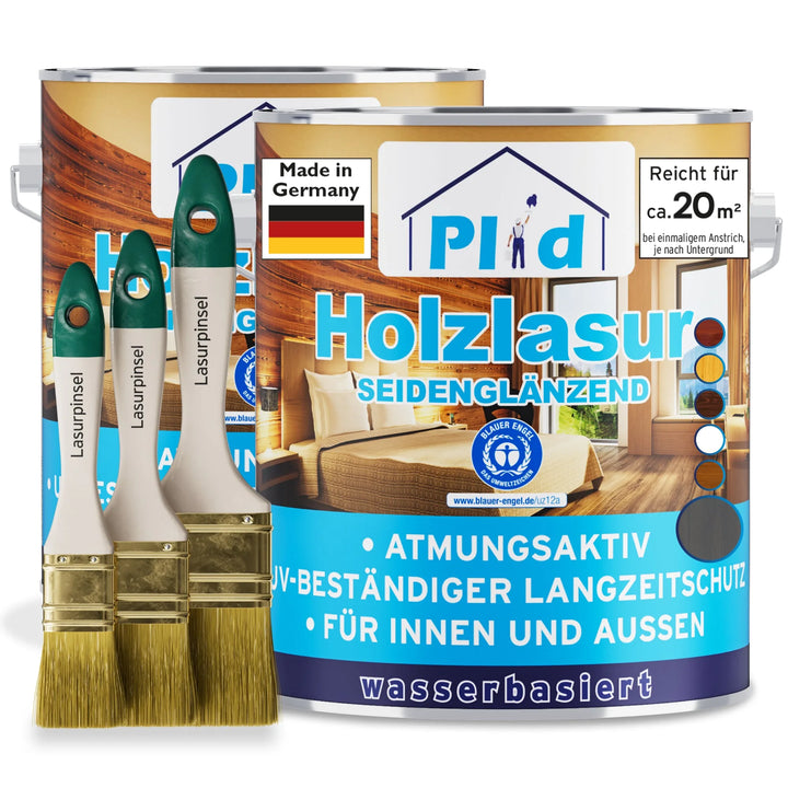 Das plid Holzlasur - Anstreichset enthält 2 Dosen Holzlasur, 3 Pinsel und bietet wetterfesten, seidenglänzenden Holzschutz auf Wasserbasis made in Germany für den Innen- und Außenbereich.