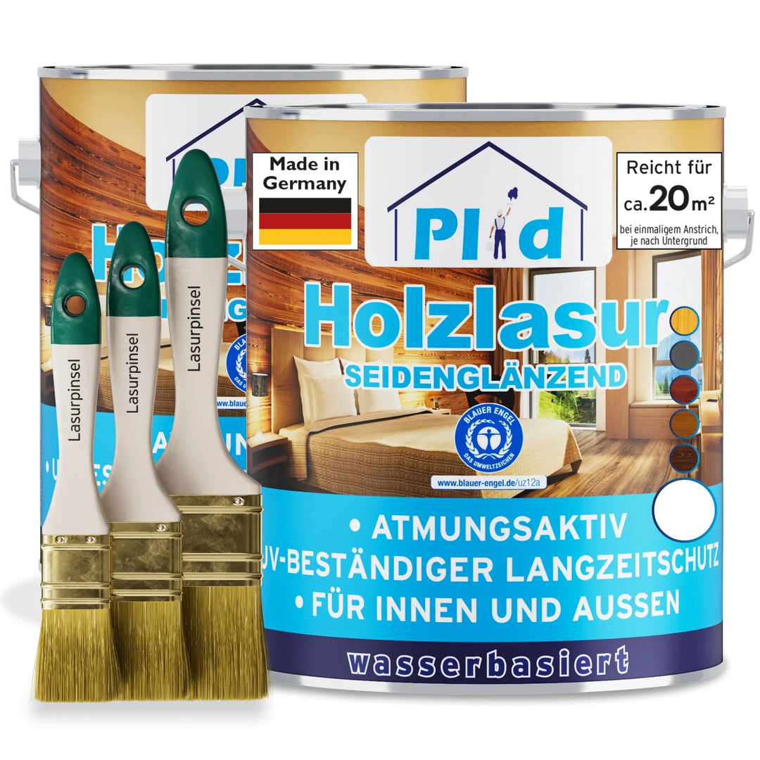 Abgebildet sind zwei Dosen plid Holzlasur - Anstreichset mit seidenglänzender Oberfläche und drei Pinsel. Diese wetterfeste, wasserbasierte Holzlasur bietet deutsche Qualität und Deckkraft für den Holzschutz im Innen- und Außenbereich.