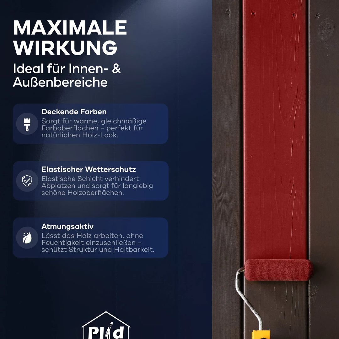 Ein plid Holzfarbe - Anstreichset Farbroller trägt rote Farbe auf Holz auf (rechts); links hebt ein deutscher Text die maximale Wirkung, Deckkraft, Holzschutz und Atmungsaktivität mit Symbolen auf blauem Hintergrund hervor.