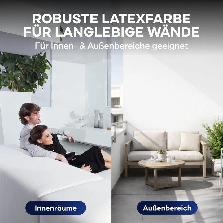 Ein Split-Bild zeigt ein Paar auf einem Sofa in einem modernen Wohnzimmer und einer stilvollen Terrasse. Texthervorhebungen plid Latexfarbe - Anstreichset-ideal als Wandfarbe Küche Bad-für dauerhafte, langlebige, abwaschbare Wände.