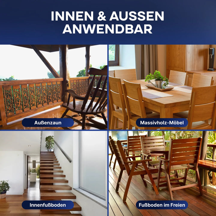 Eine Collage zeigt das plid Holzlasur für innen &amp; außen - wetterfest &amp; atmungsaktiv auf Zäunen, Essmöbeln, Treppen und Außenanlagen. Text: INNEN &amp; AUSSEN ANWENDBAR.