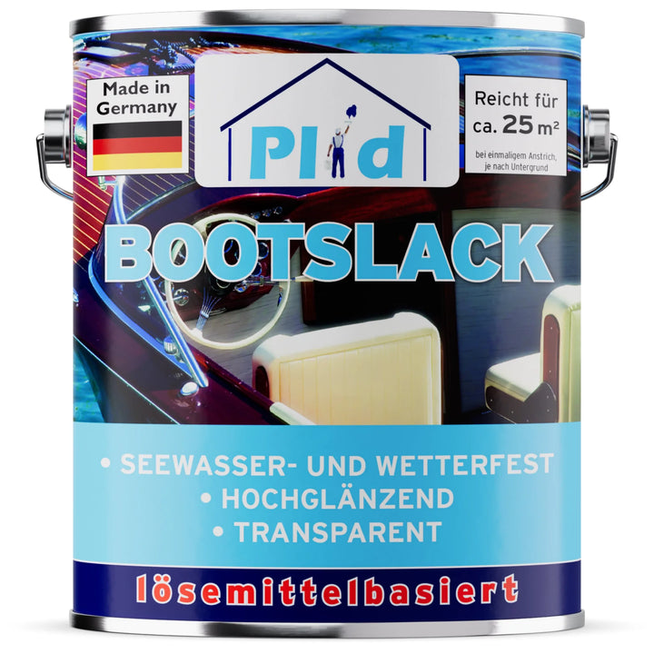 Eine Dose Plid Bootslack von plid, mit einem Bild aus dem Bootsinneren. Dieser transparente, lösemittelhaltige Schiffslack ist seewasserfest, wetterbeständig, hochglänzend für Holz und Außenbereich, deckt ~25m² und wird in Deutschland hergestellt.