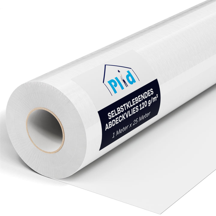 Rolle Plid Abdeckvlies selbstklebend, weiß, 120 g/m², Etikett mit Größenangabe 1 Meter x 25 Meter