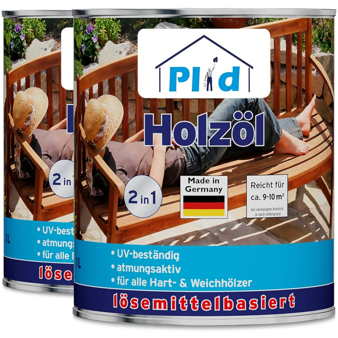 Abgebildet sind zwei Dosen plid Holzöl natürlich &amp; pflegend für Holz innen &amp; außen mit einem Etikett, das eine Frau auf einer Holzbank zeigt. Das Etikett hebt die UV-Beständigkeit, die Möbelpflege, die Eignung für viele Hölzer und die Reichweite pro Dose hervor.