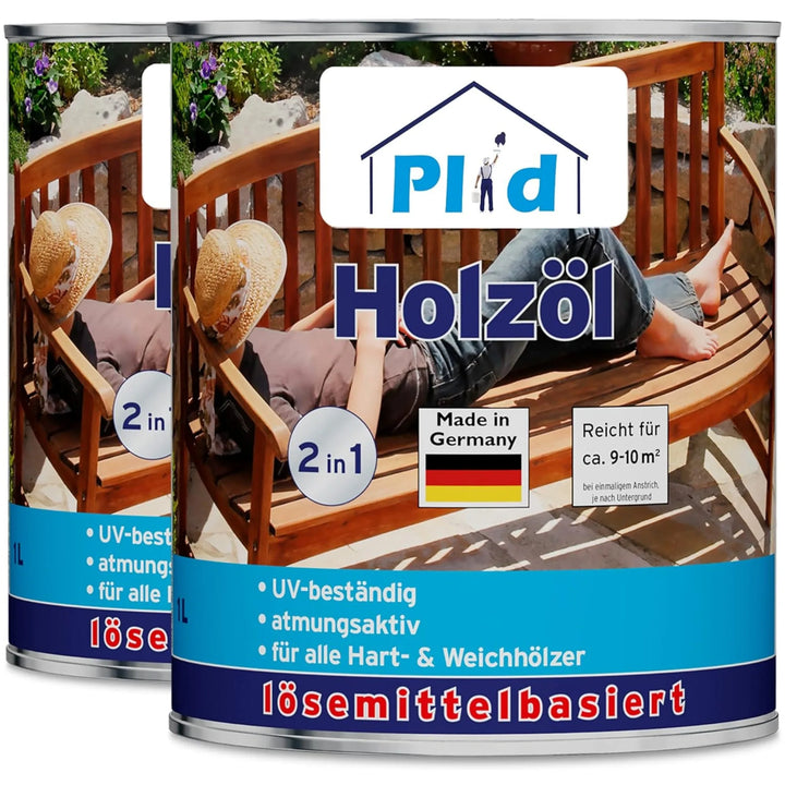 Abgebildet sind zwei Dosen plid Holzöl natürlich &amp; pflegend für Holz innen &amp; außen, auf denen sich eine Frau auf einer Holzbank im Freien ausruht. Die Etiketten weisen auf UV-Beständigkeit, Hartholz Schutz, Eignung für Weichholz und Gartenmöbel Pflege hin. Hergestellt in Deutschland.