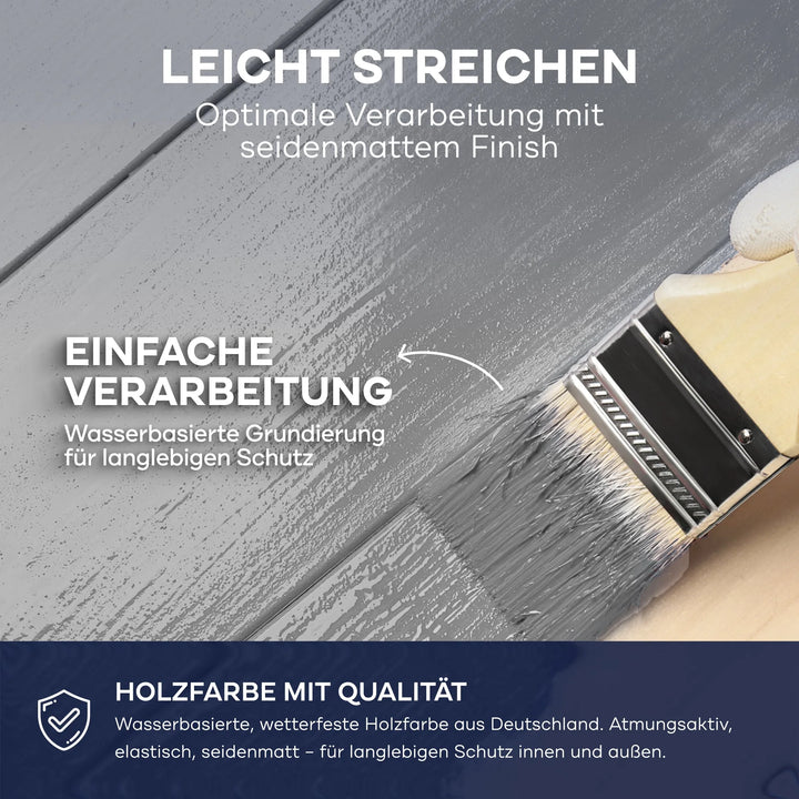 Eine Hand malt Holz mit plid Holzfarbe - Anstreichset. Text-Highlights einfache Anwendung, seidenmattes Finish, Grundierung auf Wasserbasis für lang anhaltenden Schutz und hochwertige Holzfarbe.