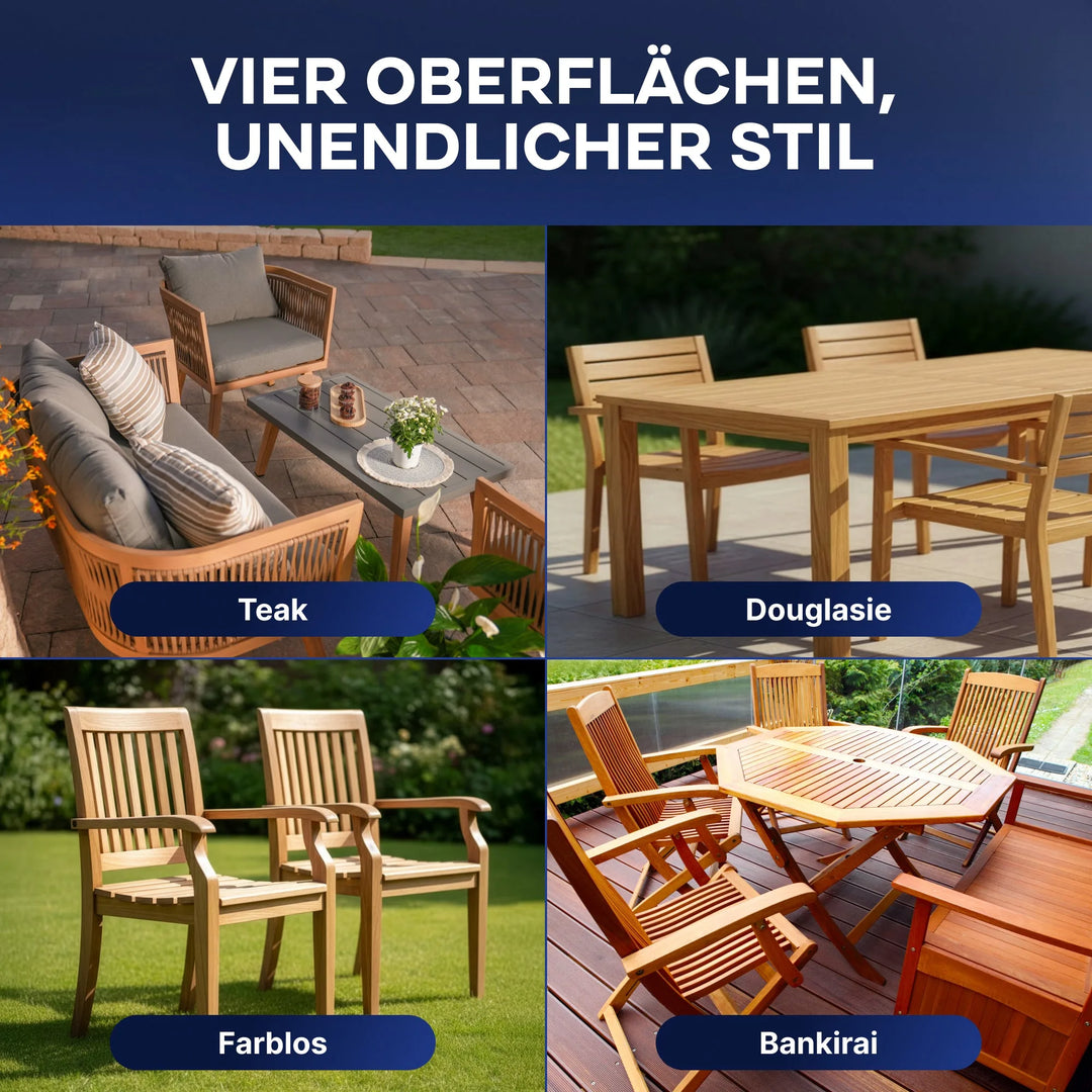 Vier Arten von Hartholz Gartenmöbeln - Teak, Douglasie, Farblos, Bankirai - sind mit dem deutschen Text "Vier Oberflächen, unendlicher Stil" abgebildet. plid Holzöl - Anstreichset sorgt für langanhaltende Schönheit.