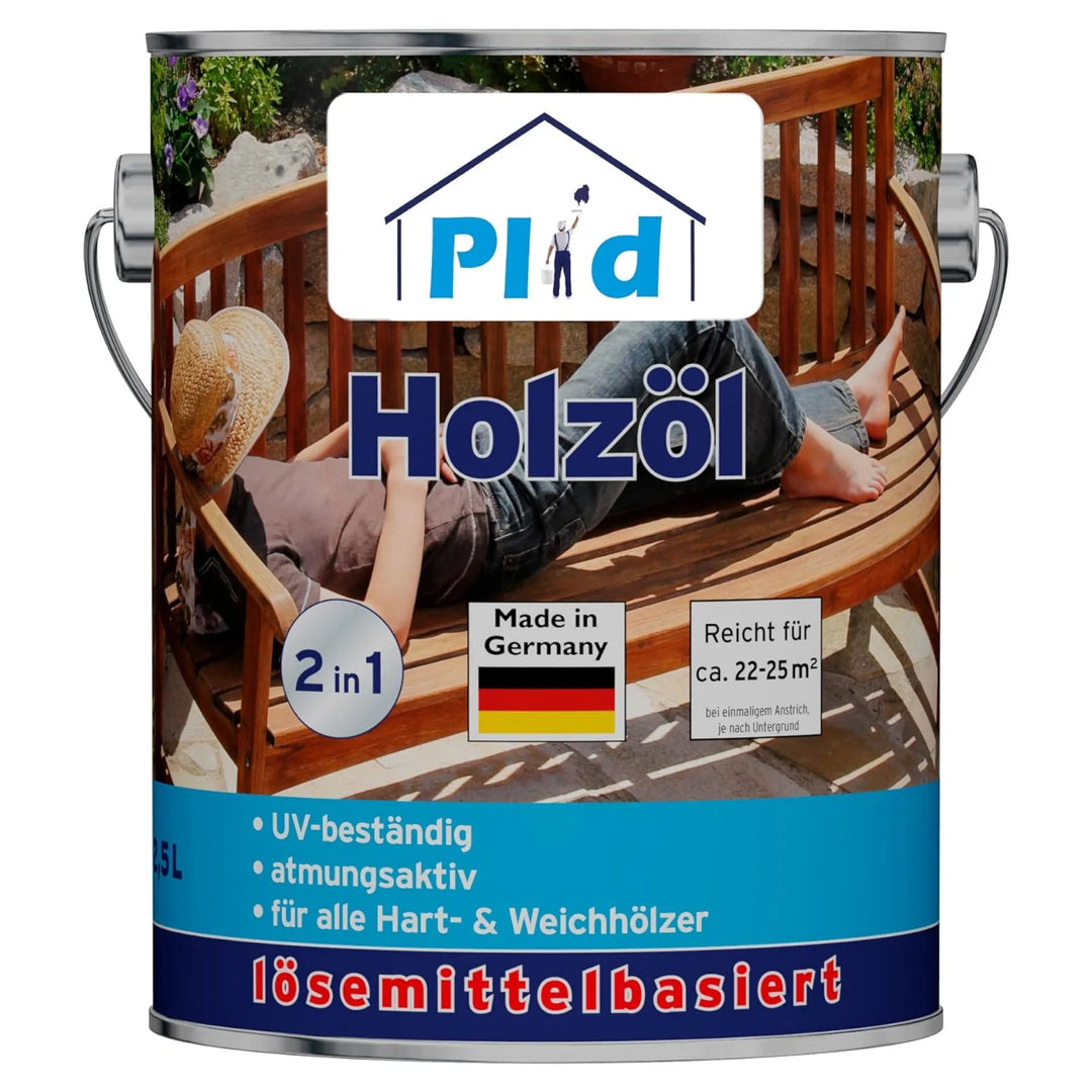 Eine Metalldose von plid Holzöl natürlich &amp; pflegend für Holz innen &amp; außen zeigt eine Frau, die sich auf einer Holzbank im Freien entspannt. Das Etikett hebt UV-Beständigkeit, Atmungsaktivität, Hartholz-Schutz und Qualität aus deutscher Produktion hervor.