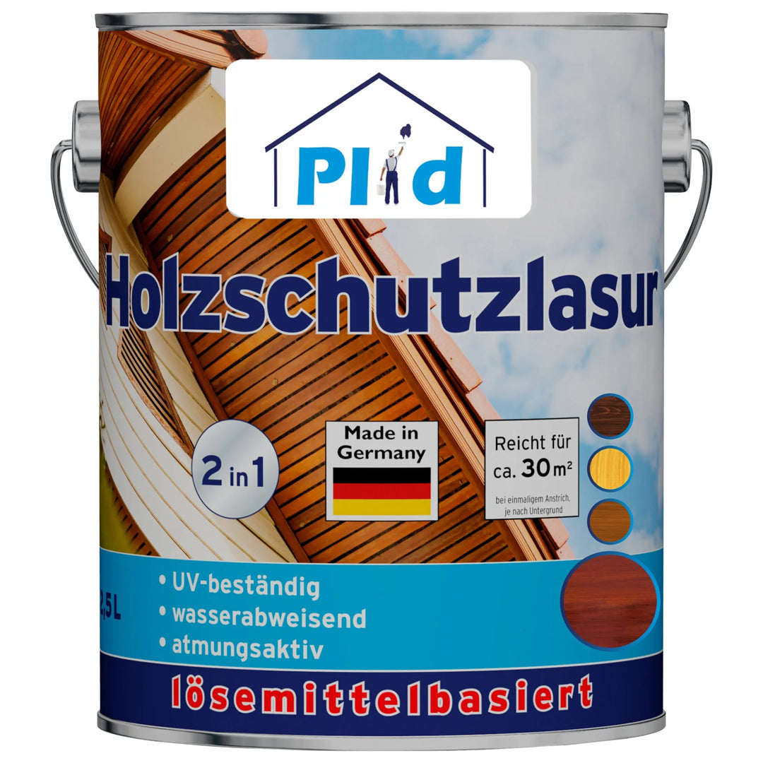 Eine 2,5L plid Holzschutzlasur außen wetterfest &amp; atmungsaktiv zeigt ein Haus, die deutsche Flagge, Symbole für UV-Beständigkeit, Wasserabweisung, Atmungsaktivität und 30m² Abdeckung. Es ist ein lösemittelhaltiger Holzschutz für den Außenbereich.