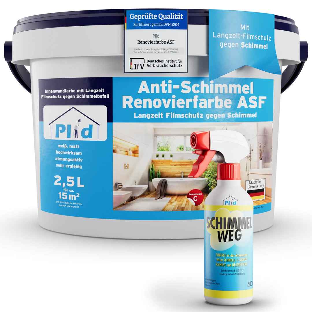 Eimer Plid Anti-Schimmel-Farbe neben einer Sprühflasche Anti-Schimmelspray