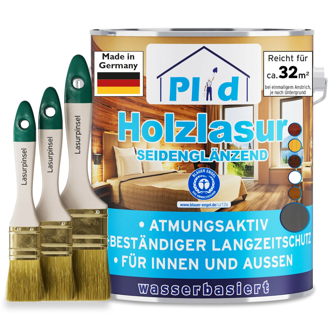 Eine Dose plid Holzlasur - Anstreichset Holzlasur mit drei Pinseln. Das Etikett hebt die wetterfeste, wasserbasierte Formel, das seidenmatte Finish und die Holzschutz-Idee für den Innen- und Außenbereich hervor, die 32 m² abdeckt.