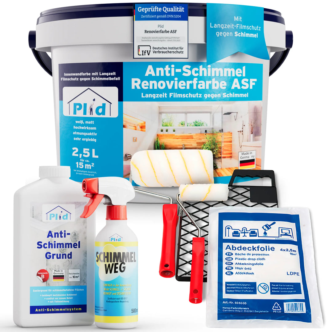 Komplettset mit Plid Anti-Schimmel-Farbe, Sprühflasche, Grundierung, Rolle mit Schale, Pinsel, Handschuhen und Folie