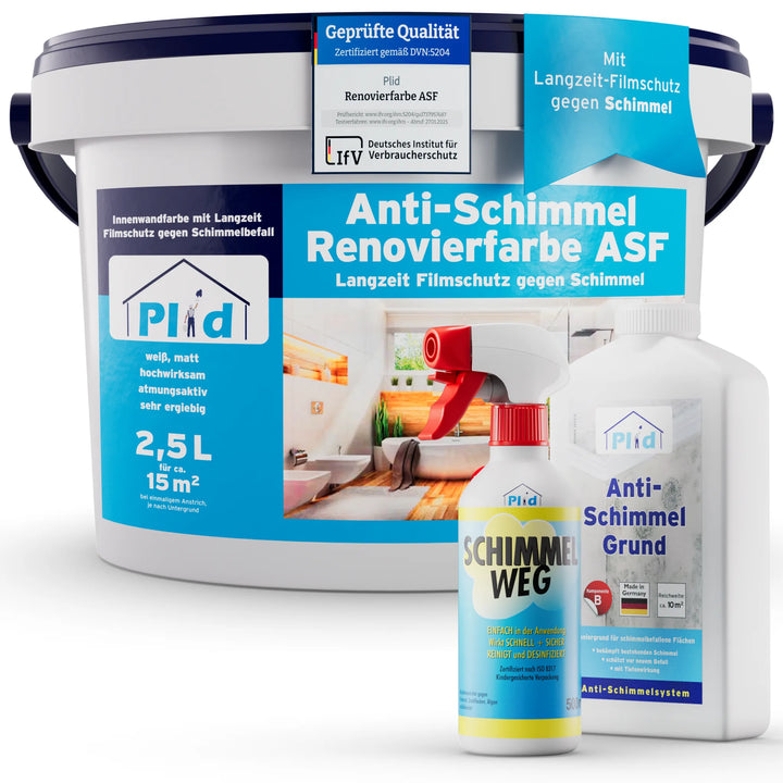 Set aus Plid Anti-Schimmel-Farbe 2,5 l, Anti-Schimmelspray und Anti-Schimmelgrund