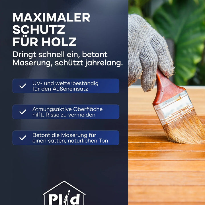 Eine Hand mit grauem Handschuh trägt Plid Holzlasur für innen &amp; außen von plid auf Holz auf. Links stehen Vorteile wie Wetterfestigkeit, UV-Schutz, atmungsaktive Oberfläche und Betonung der Maserung.