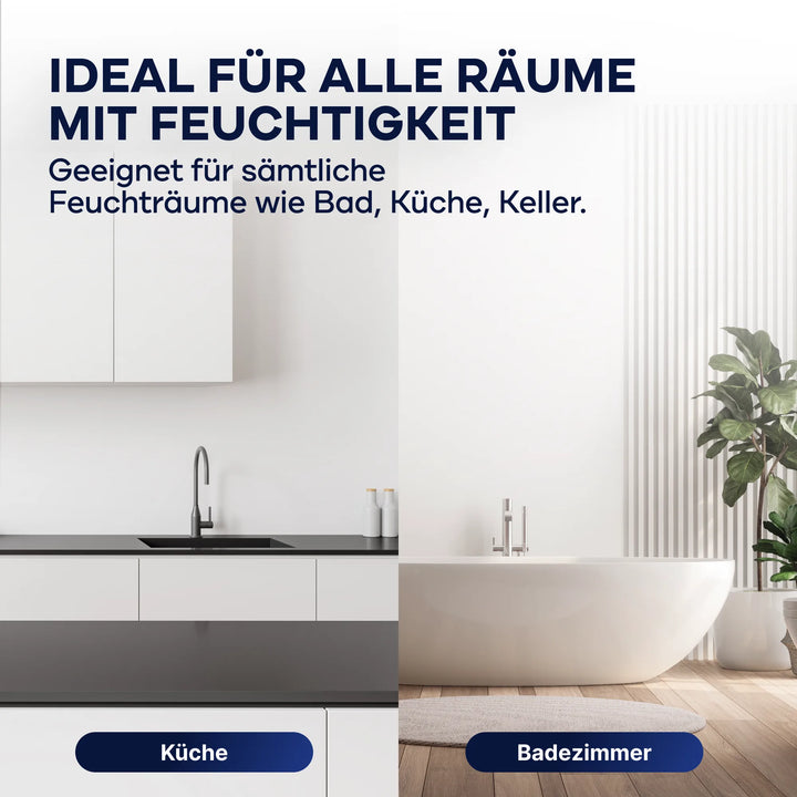 Küche und Badezimmer nebeneinander, beschriftet als Einsatzorte der Plid Anti-Schimmel-Farbe