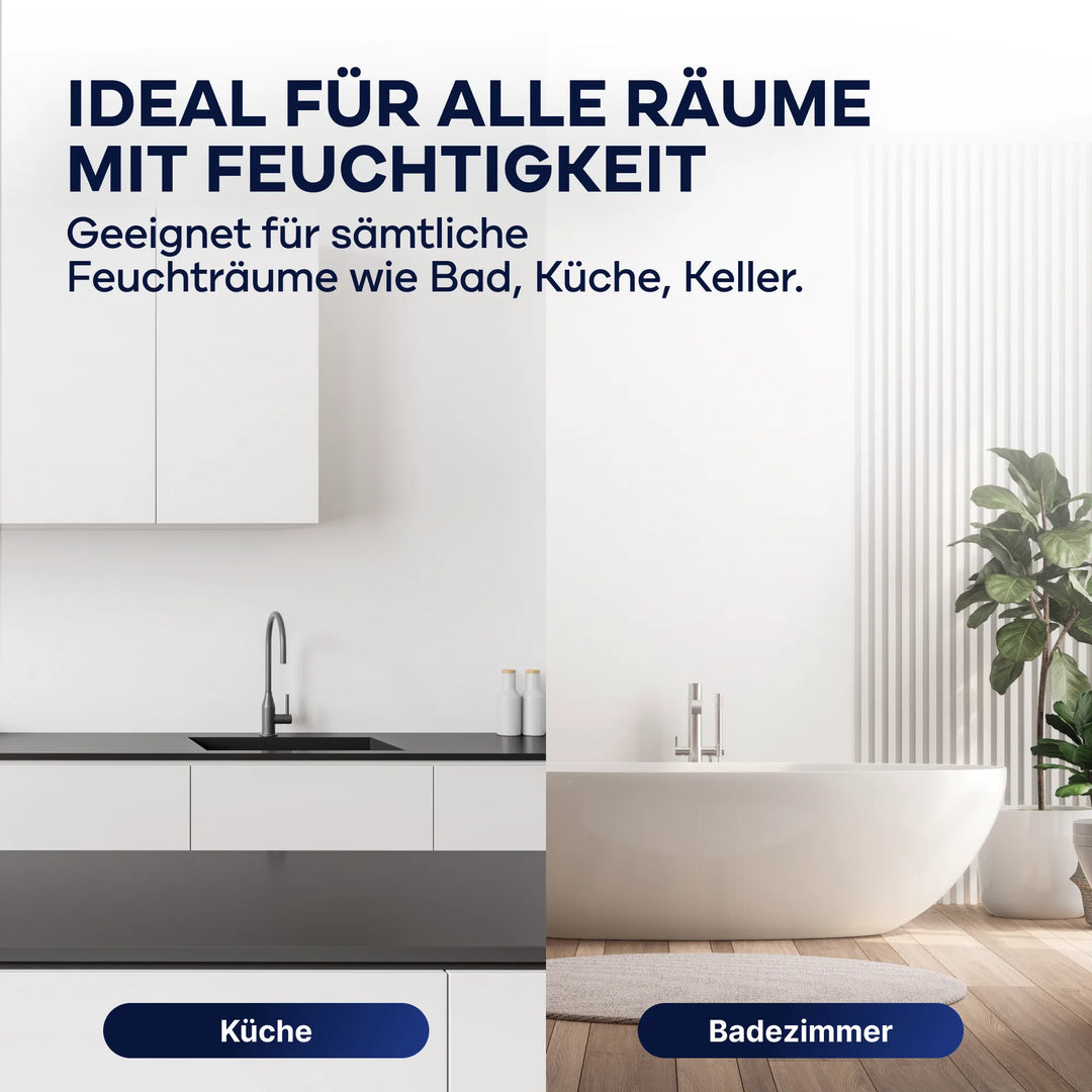 Moderne Küche und Badezimmer mit Wanne nebeneinander als Einsatzorte der Plid Anti-Schimmel-Farbe