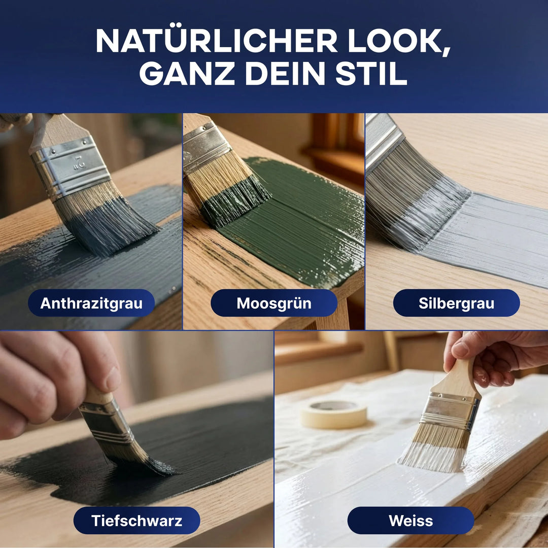 Fünf Bilder zeigen den Plid® Möbellack Innen &amp; Außen von plid in den Farben Anthrazitgrau, Moosgrün, Silbergrau, Tiefschwarz und Weiß auf Holz. Der deutsche Text unterstreicht den natürlichen Look und den persönlichen Stil für den Innen- und Außenbereich.