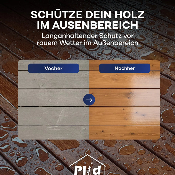 Vergleich von Holzterrassen: links verwittertes, gräuliches Holz (Vorher); rechts restauriertes Holz (Nachher), behandelt mit plid Holzöl - Anstreichset für leuchtende Farbe und dauerhaften Schutz.